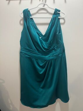 David's Bridal Teal Draped V-Neck Midi Dress